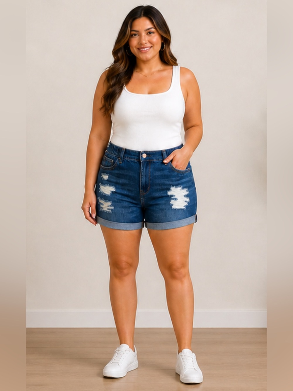 Arizona Hi-Rise Shortie Denim Shorts Sz 19 NWT Distressed Stretch Elastic Waist